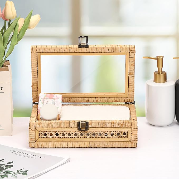 Hipiwe Rattan Storage Box with Lid Vintage Decorative Basket for Home Decor | Handwoven Wicker Basket Box for Display, Rectangular Storage Bin for Remotes, Keepsake, 9.8" x 5.9" x 3.1"