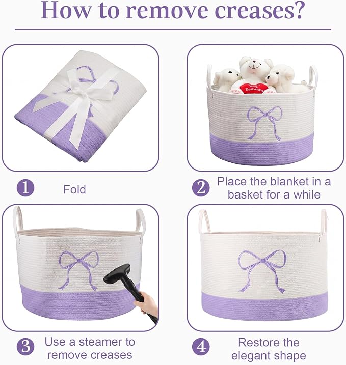 Honeydak Large Laundry Basket Purple Bow Hamper 13 x 20 Inches Laundry Basket Cotton Rope Purple Hamper Coquette Bow Room Decor Storage Blanket Toys Clothes Organization for Teens Girls