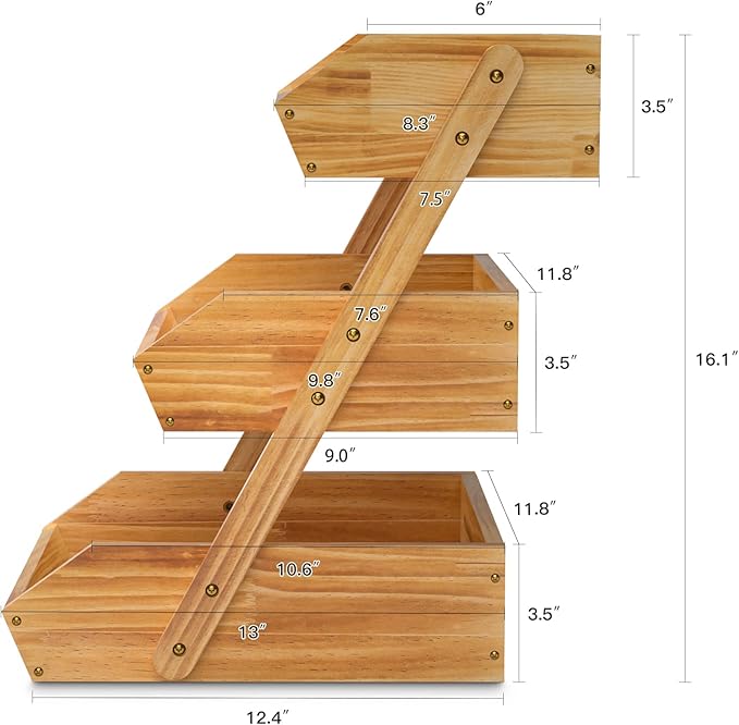 G.a HOMEFAVOR Wooden 3 Tier Fruit Basket, Brown, Pine Wood, Sturdy, Self-assembly | Large Pine Wood Fruit Bowl for Kitchen Countertop, Vegetable Storage and Home Organizer