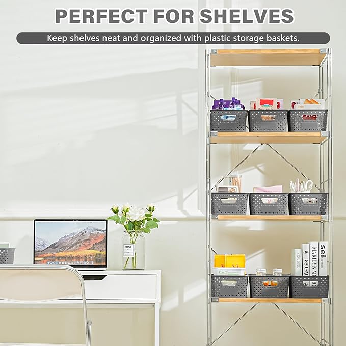 12 Pack Plastic Storage Baskets for Organizing, Storage Baskets for Shelves with Handles, Small Storage Bins with Labels, Classroom Storage Organization for Cabinet,Closet, Office,Gray