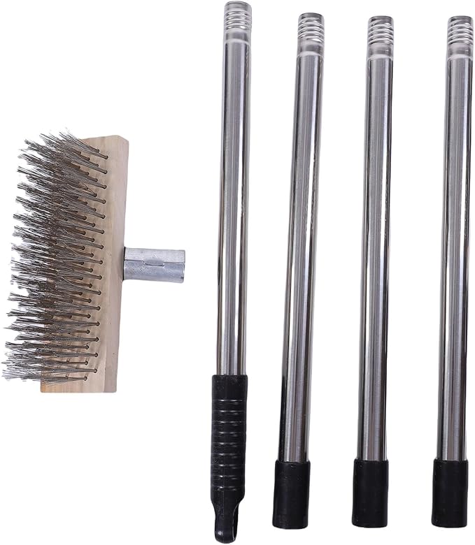 Heavy Duty Stainless Steel Deck Brush with Long Handle, Concrete Floor Scrubber Moss Remover Wire Broom for Patio, Deck, Garage, Outdoor Cleaning (20cm / 7.9in)