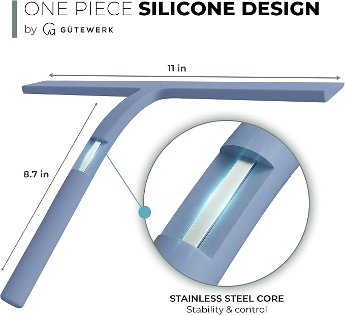 Silicone Shower Squeegee with 3-in-1 No-Drill Mount, Blue, 11'' | Streak-Free & No-Squeak Window Cleaning, Stainless Steel Core, Hook/Suction/Adhesive, Squeegee for Glass Doors & Mirrors