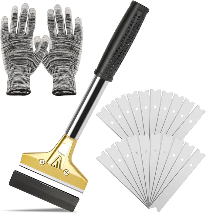 Razor Blade Scraper with 20 PCS Extra Blades and Gloves. | 4"Heavy-Duty Floor Scraper,Ideal for Cleaning Windows,Glass,Tiles,Wall,Labels,DIY Renovators,Professional Cleaners