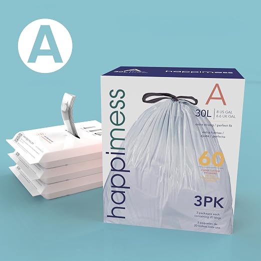 happimess 20-Count Unscented 8 Gal Drawstring Trash Bags, Clear, Pack of 5 | 30 Liters, Heavy Duty LDPE Plastic, Tear And Puncture Resistant, Tailored Custom Fit, Recyclable