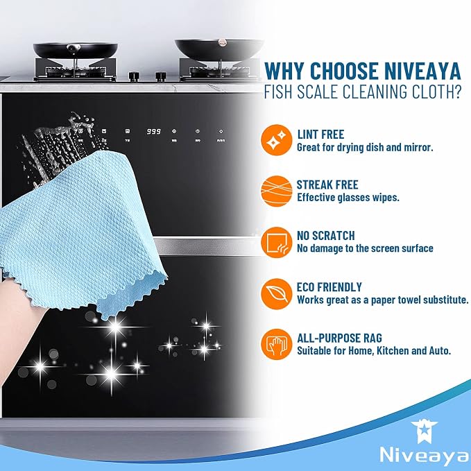 Niveaya 12 Pack Reusable Fish Scale Cloth, Microfiber Glass Cleaning Cloth | Quick Drying Polishing Cloth, Streak Free Lint Free Cleaning Rags for Glass Kitchen Window , Nano Cloth Magic Cleaning Towels