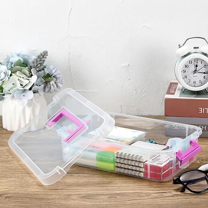 BTSKY Clear Plastic Storage Box, Portable Organizer Container Purple Handle | Stackable Storage Bin for Office Home, Multi-Use Container Box with Lid for Stationery Jewelry Craft Sewing Supplies