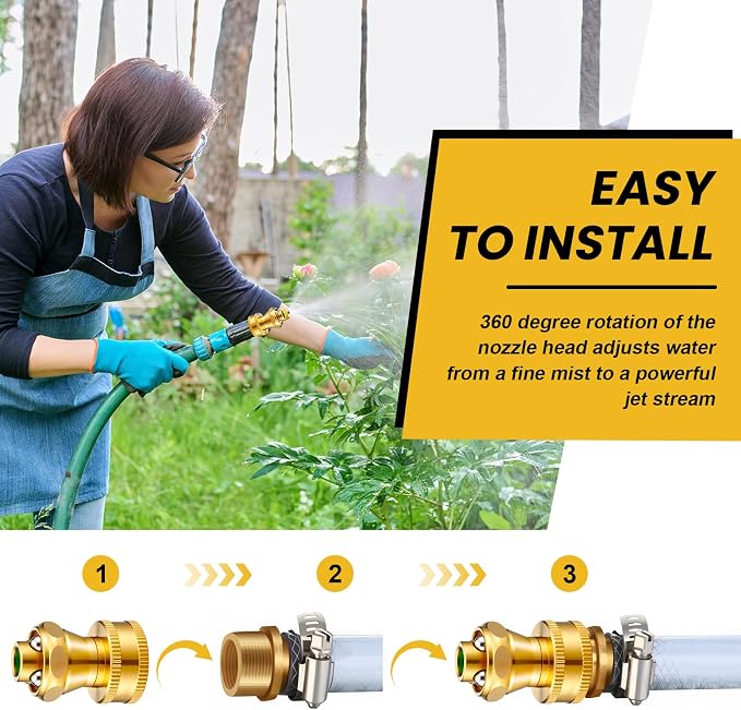 Hotop 9 Pack Big Shot Brass Hose Nozzle Adjustable Twist,3/4 Inch | Threaded Connector for Garden Hose, Heavy Duty Metal, Adjustable Spray Patterns, Leak Proof Seal, For Lawn Yard Watering