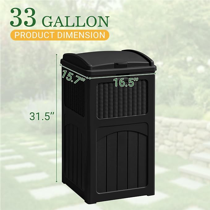 Greesum 33 Gallon Outdoor Trash Can with Lid, Waterproof, Dark Black | Resin Garbage Bin,UV-resistant for Hideaway, Patio, Deck, Light