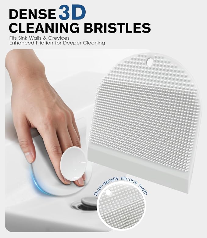 2 Pack Silicone Sink Cleaning Brush with Squeegee | Flexible Non-Scratch Dish Scrubber for Kitchen and Bathroom Sink, Countertop & Dishwashing, Suction Cup Hanging (White)