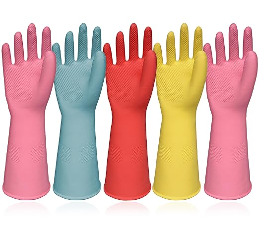 Kitchen Dish Washing Gloves 5 Pairs Rubber Cleaning Reusable Gloves Large | Colorful Dish Gloves, Non-Slip Grip, Household Gloves, 12.6-Inch Cuff, Soft Skin-Friendly Rubber, Multi-Use, Long-lasting