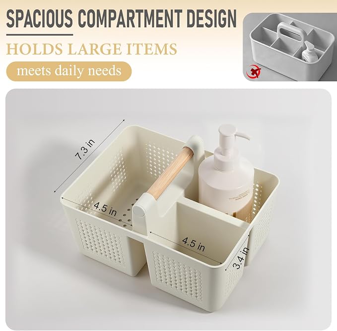 JiatuA Portable Shower Caddy Basket Plastic Caddy Organizer Small Beige | Sturdy Drainage Large Capacity Cleaning Supplies Caddy Tool Storage for Bathroom Kitchen Bedroom College Dorm Essentials