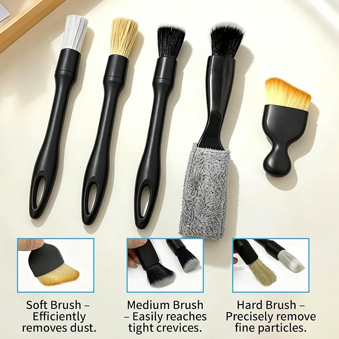 5 PCS Car Detailing Brush Set-Car Interior & Exterior Soft Boars Bristle Cleaning Brushes,Dusting Cleaning Supplies for Auto Detailing, Dashboard, Vents, Wheels,Tires,Leather Seat