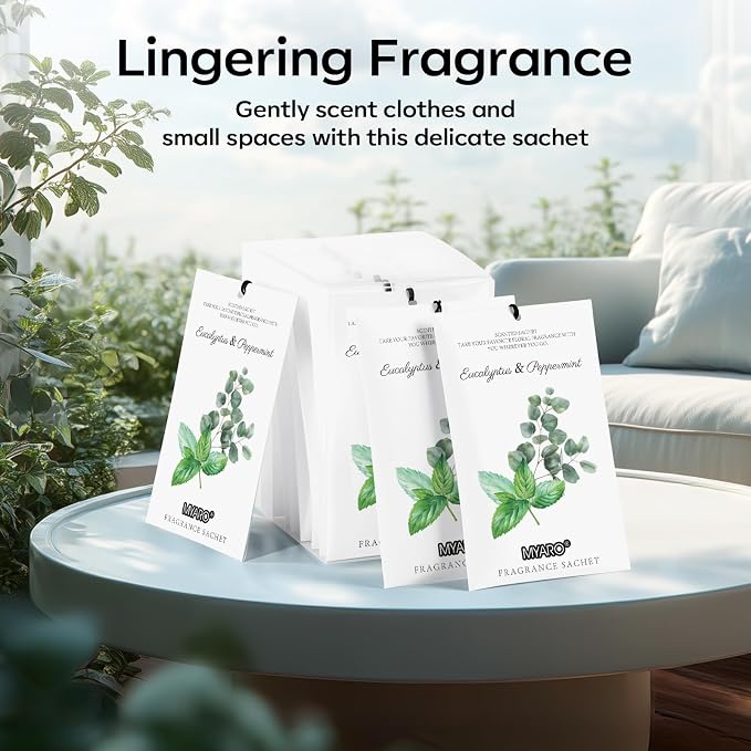MYARO 12 Pack Eucalyptus Mint Scented Sachets, Closet Deodorizer Freshener | Long-Lasting Sachet Bag, Odor Eliminator for Closet, Drawer, Bathroom, Clothes, Fabric Refresher, Home Fragrance Gift Set