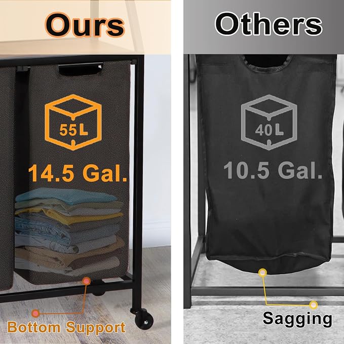 Laundry Hamper, Laundry Sorter 2 Section, Rolling Laundry Basket with Wheels, 2 Shelves, 2 × 14.5 Gal, Pull-Out and Removable Oxford Fabric Bags, for Laundry Room, Black and Rustic Brown