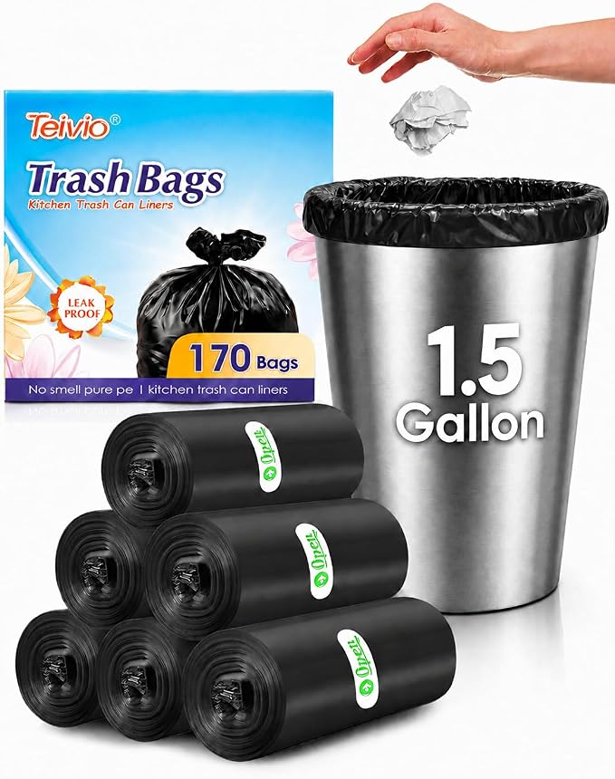 Teivio 1.5 Gallon(Fit 1.5-1.6 Gal)170 Counts Strong Trash Bags 1.5 Gallon 1.6 Gallon Garbage Bags, Bathroom Trash Can Bin Liners, Small Plastic Bags for home office kitchen, Black | Fit 4-5 Liters,1.3,1.5,1.6Gal,Tiny Plastic Waste Basket Bins Desktop C...