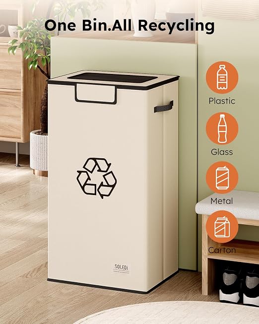 SOLEDI Recycling Bin for Kitchen,26 Gallon Large Recycle Bin with Lid and 2 Removeable Reusable Inner Bags,Indoor Recycling Trash Can for Collector of Bottles Cans, and Plastic,Beige