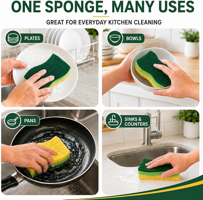 12 PCS Sponges Kitchen, Non Scratch Scrub Sponges for Washing Dishes, Green | 3-Layer Kitchen Sponge, Dual-Sided Cleaning, Rich Suds Fast, Easy-Grip Design, Easy Rinse & Quick Clean, 12 Pack Value