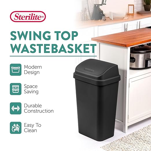 Sterilite Swing Top Wastebasket, Trash Can, 13 Gallon, Black, 4-Pack | Sleek Square Profile Modern Garbage Bin for Kitchen, Bathroom, Garage and Workspace, Fits 13 Gal Liners