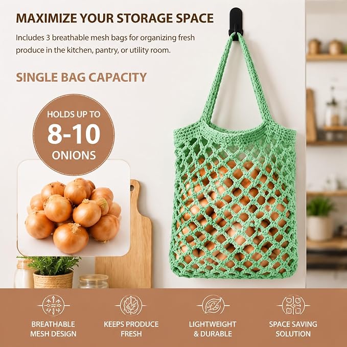 3 Hanging Baskets,Sage Green,Mesh,Cotton Rope | Wicker Wall Baskets with Hooks for Fruit Vegetable Onion Storage, Teardrop Organizer for Kitchen, Boho Farmhouse Decor