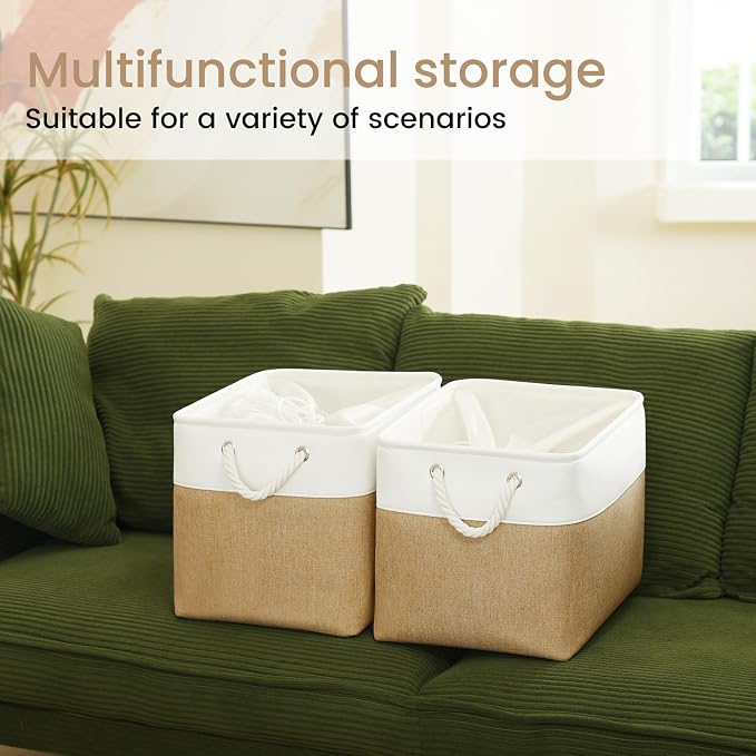 16x12x12 In Foldable Fabric Large Storage Bins with Handle 3 Pack | Storage Basket with Draw String Top, Sturdy Metal Strand, Cardboard Support Molding, for Shelf, Closet, Bedroom, White/Khaki