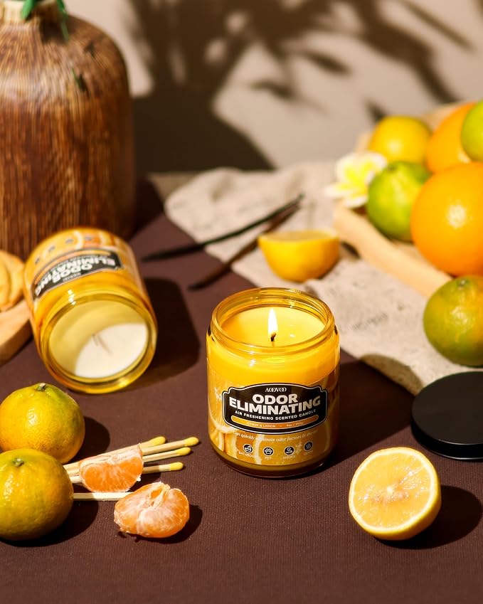 AOOVOO Citrus Lemon 2 Pack Odor Eliminating Candle - 18oz Soy Candle | Eliminates 95% of Pet, Smoke, Food, and Other Smells Quickly, Non Toxic Air Freshing Candle, Up to 100 Hours Burn time