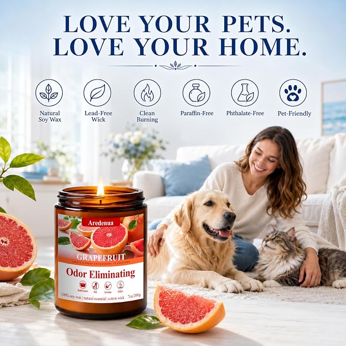 4 Pack Odor Eliminating Highly Fragranced Candle - Eliminates 95% of Pet, Smoke, Food & Other Smells Quickly - Air Freshing Scent of Grapefruit/Linen/Lavender/Ocean - 28oz Soy Candle Gift for Home