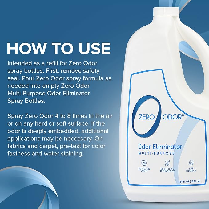 Zero Odor - Multi-Purpose Strong Odor Eliminator for Home, Office, Car, Bathroom, Hotel, Room Deodorizer, and Odor Neutralizer, 64oz Refill | Refill Bottle, Odor Eliminator for Hotel, Bathroom, Basement, Trash & Upholstery - Sprayer not Included