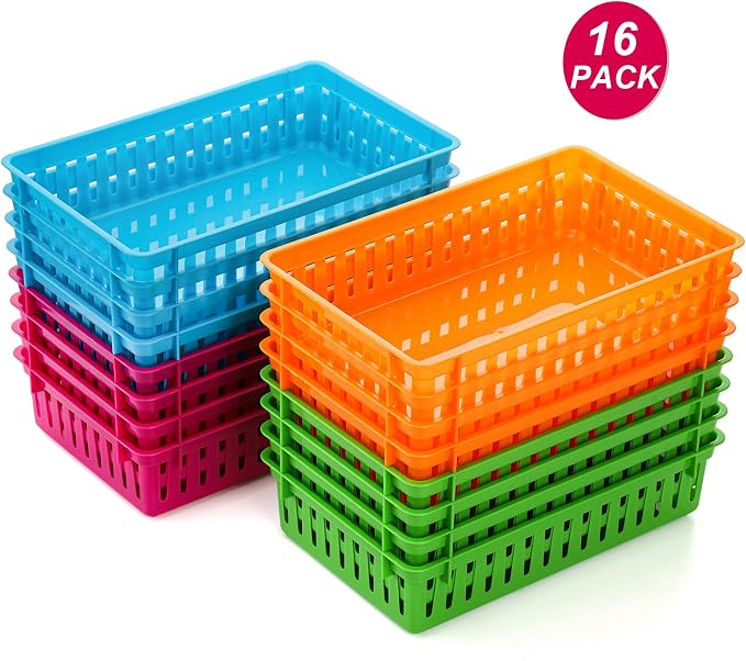 16 Pack Classroom Storage Baskets Bins, Small Plastic Organizer Basket, Colorful Storage Trays, Crayon Pencil Containers for Paper, Desk, Shelf, Home School Office, 10.2" L x 6.5" W x 2.4" H