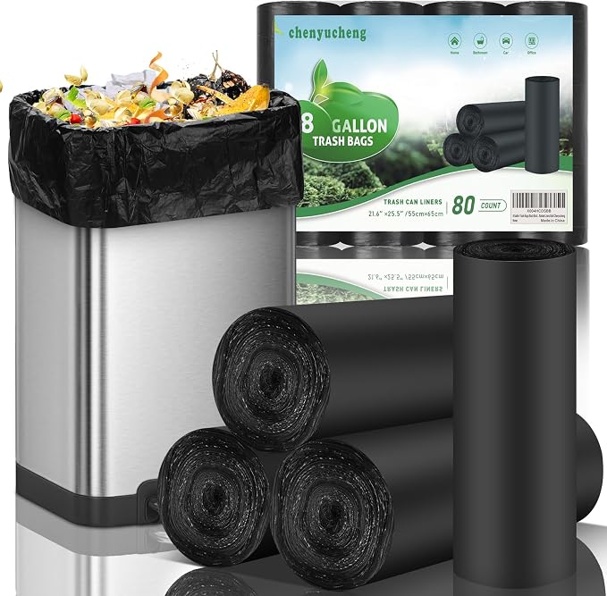 8 Gallon Trash Bags Black Biodegradable - Medium Kitchen Size 8 Gal Garbage Bag Unscented 80 Count Compostable Recycling Strong Thick Office Waste Basket Liners Bulk Chenyucheng