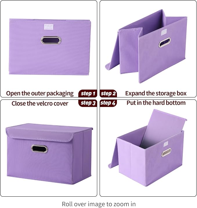 STOREONE Fabric Storage Cube Bins Foldable Organizer Container Collapsible Basket with Lids and Metal Handles, for Home, Bedroom, Closet 6 Pcs (multicolour-purple)