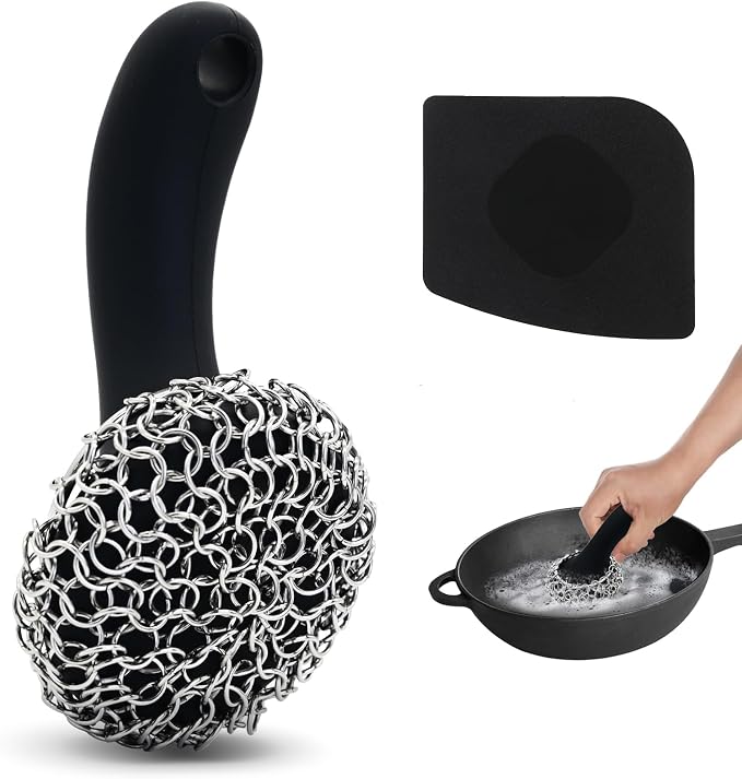 Cast Iron Scrubber with Long Handle Dish Scouring Pad Chainmail Cleaner | 316 Cast Iron Scrubber for Pan Skillet, Dishwasher Safe Cleaning Kit (Black, 1 Scrubber + 1 Scraper)