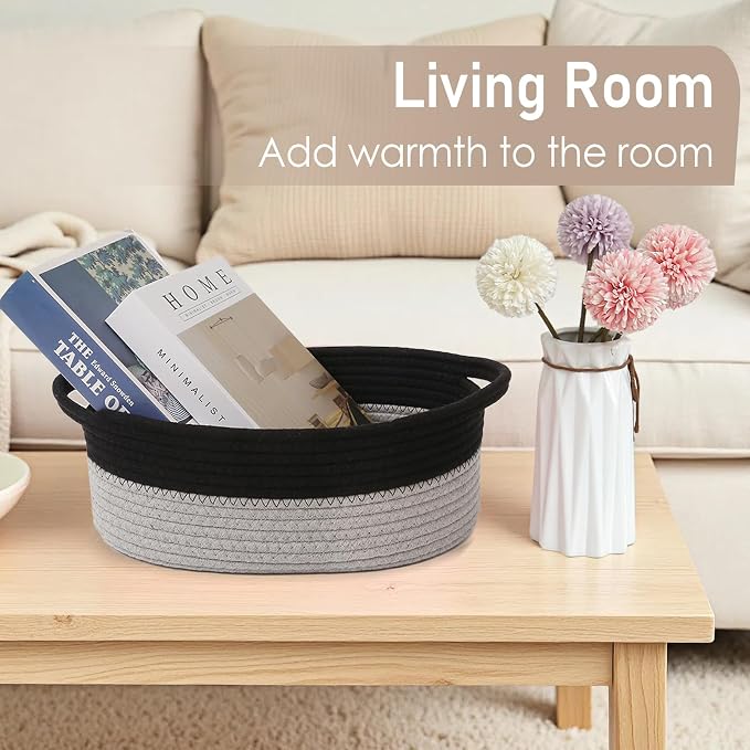 JMvicyroam Small Woven Basket, Empty Gift Basket, Black&Grey/1 Pack | Small Gift Basket, Cotton Rope, 12 x 8 x 78 in, Handles, Includes Ribbon and Bag, Birthday Gift Basket