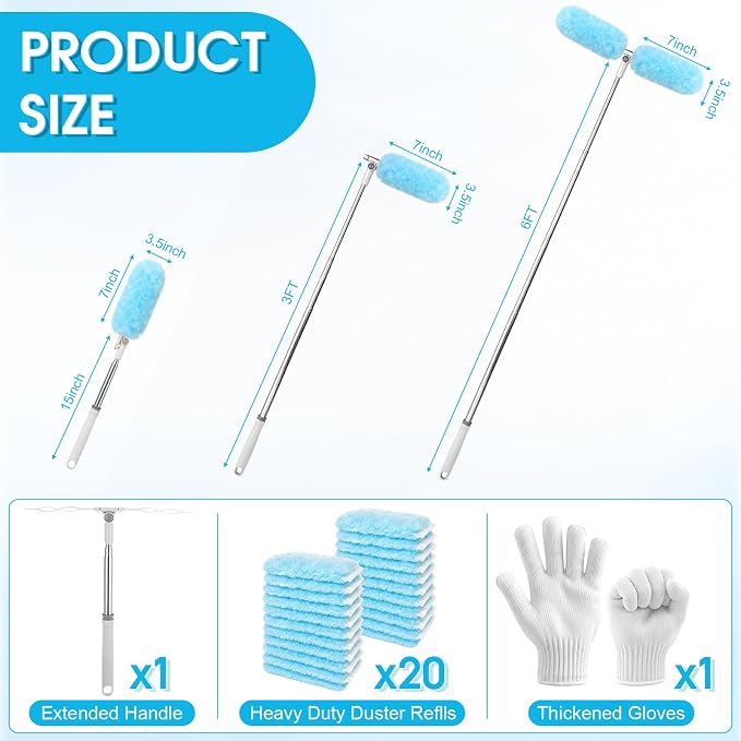 40 Pcs Heavy Duty Duster Refills with 6 ft Extendable Handle and 1 Pair of Gloves, Compatible with Swiffer 360° Disposable Microfiber Feather Dusters Kit for Cleaning Home(Blue)