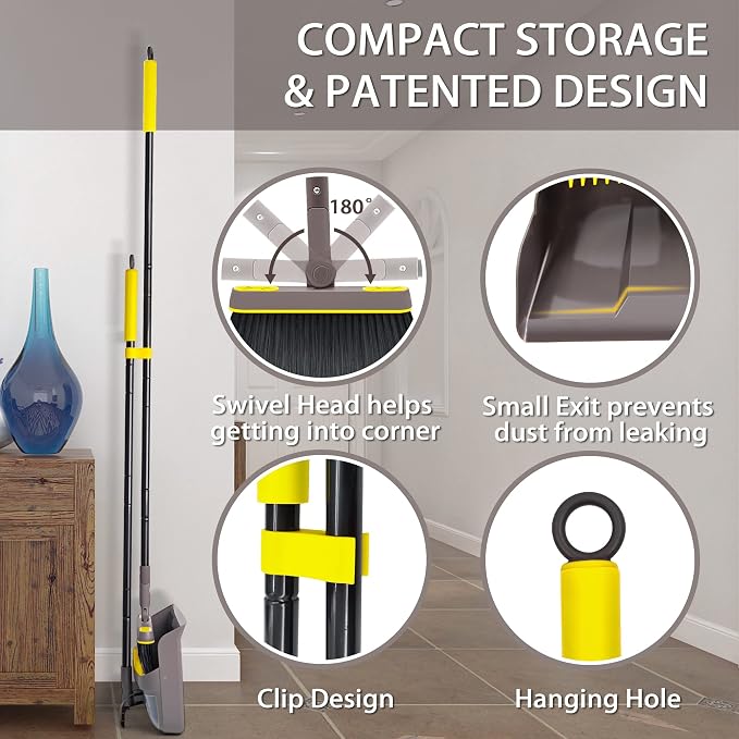 JEHONN Broom with Dustpan Combo Set, Long Handle Lightweight 180 Degree Rotating Sweeping Brush Indoor, Upright Standing Dust Pan with Comb Teeth for Home Room Kitchen Office Lobby (Brown Yellow)