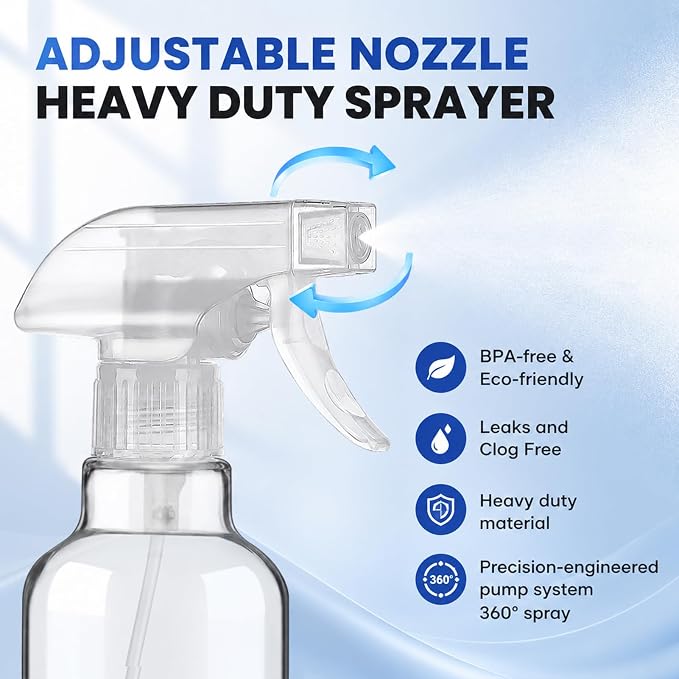 10oz Glass Spray Bottles 2 Pack, 360 Any-Angle Spraying | Refillable Spray Bottles with Adjustable Nozzle, Leakproof for Cleaning, Essential Oils, Plants, Hair Care