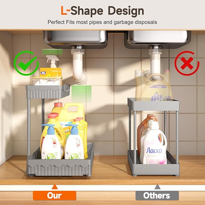 3-Pack 2-Tier L-Shaped Under Sink Organizers with Sliding Drawers | Multi-use kitchen & bathroom storage, 12.85 inch grey cabinet organizer, space-saving sliding drawer design.