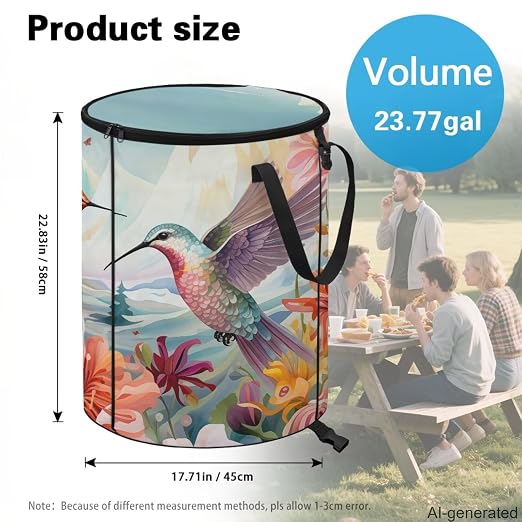 Hummingbird Flower 24 Gal Collapsible Trash Can w/Lid Waterproof Foldable Garbage Bin for Camping, Backyard & Hiking | Heavy Duty Pop-Up Design (23x18in) Car Camping Gear