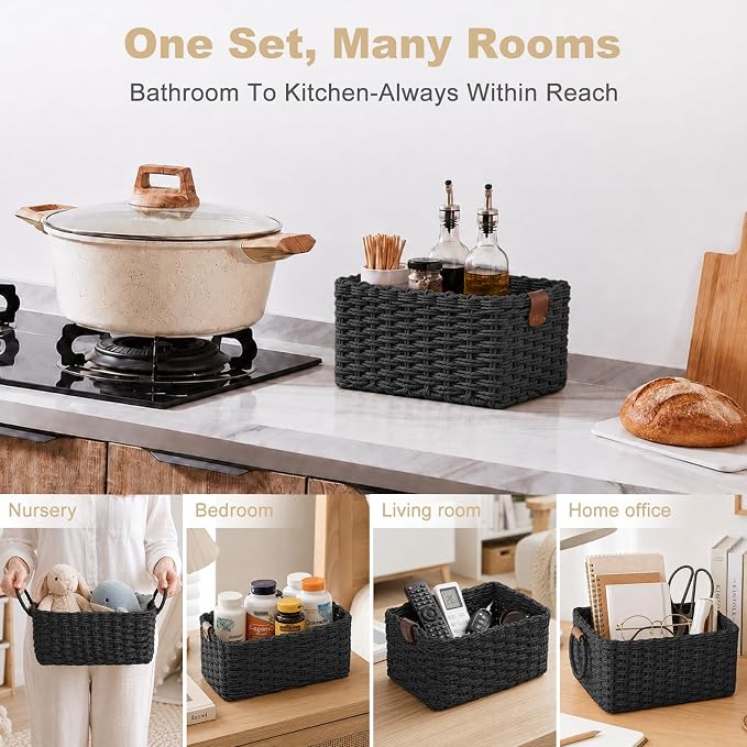 Paper Rope Storage Baskets Set of 3, Handwoven Decorative Wicker Organizer Bins with Handles for Shelves, Bathroom, Closet & Pantry, Soft Woven Nesting Storage Basket Set (Black)