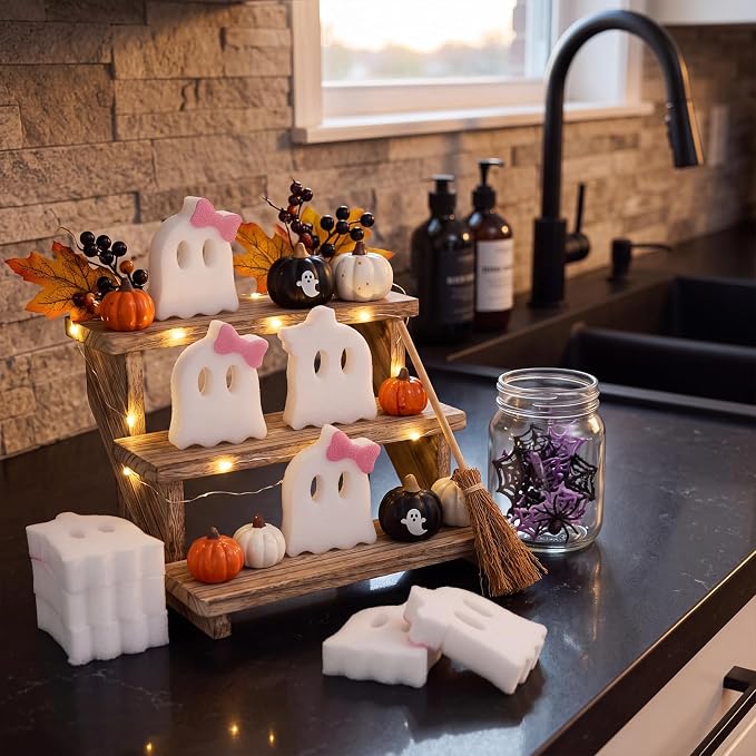 Tioncy 12 Pack Halloween Ghost Kitchen Sponges, White, Pink | Dual Sided Scrubber, Gothic Halloween Decor, Reusable Non Scratch Dishwashing, for Cookware Pot Boiler Pan Household