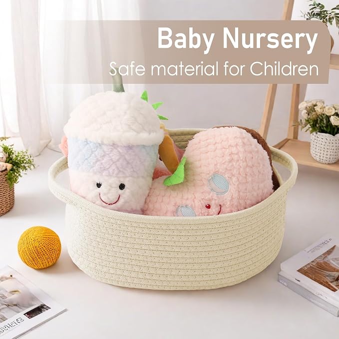 JMvicyroam Small Woven Basket, Empty Gift Basket, Beige/1 Pack | Small Gift Basket, Cotton Rope, 12 x 8 x 9 in, Handles, Includes Ribbon and Bag, Birthday Gift Basket