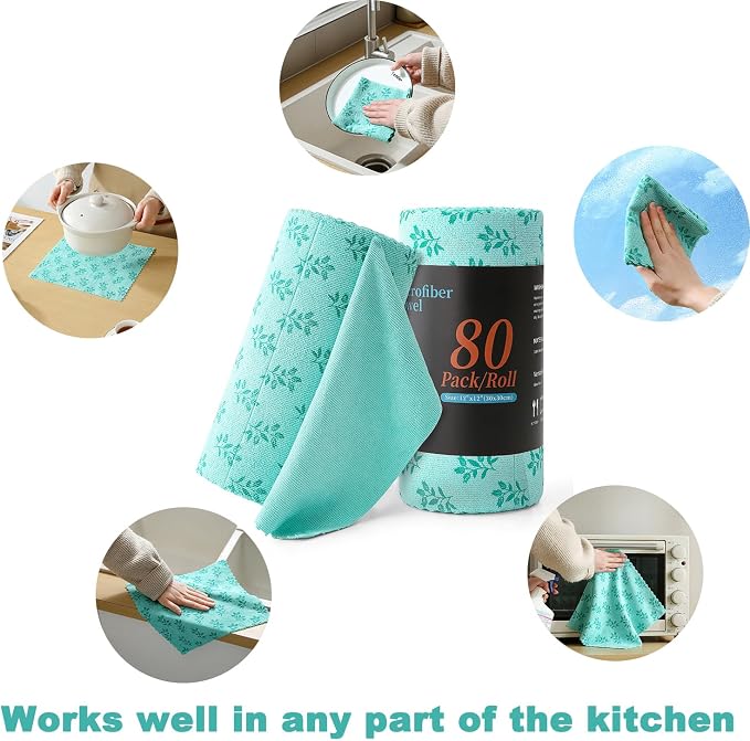 Microfiber Cleaning Cloth Roll,80 Pack Cleaning Towels,Lint Free Rags Paper Towels & Tear Away Reusable Towels,Washable Shop Rags Floral Wipe Cloth,Wash Cloths Dish Rags for Car Kitchen Window