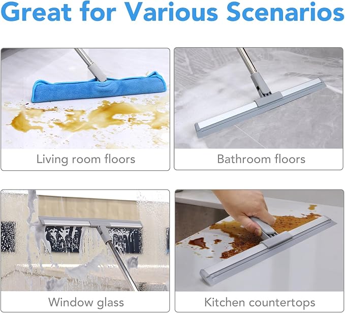 DrDirt Floor Squeegee | 120cm/47in Silicone Magic Broom with Microfiber Mop | Squeegee for Floor Cleaning | Microfiber Duster with Extension Pole for Indoor Water | Dust & Glass Quick Drying