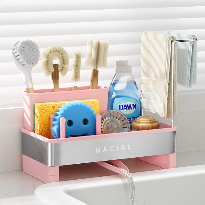 Nacial Kitchen Sink Organizer, Sink Caddy with Sponge & Tall Brush Holder | 304 Stainless Steel Kitchen Countertop Organizer with Double-Bar Towel Holder, Stores Sponge, Brush, Towel & Sink Essentials