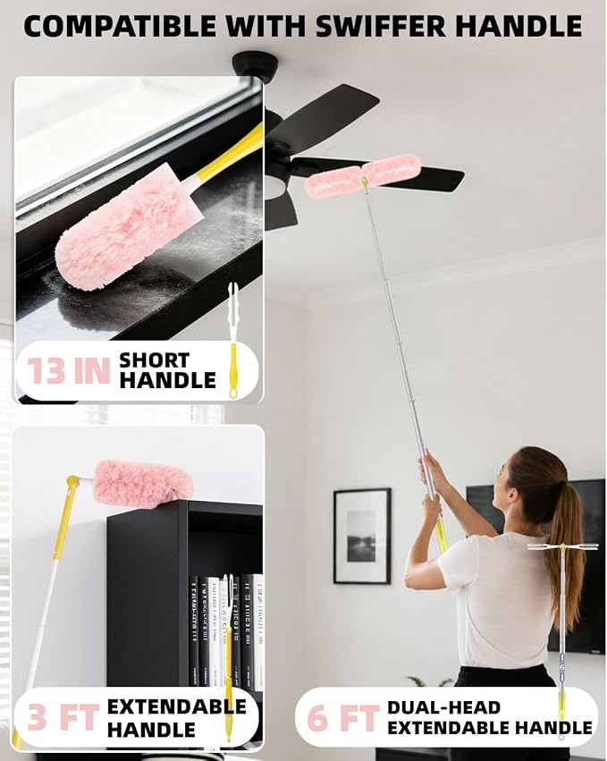 6 ft Extendable Duster Kit with 50 Pink Refills for Swiffer Duster | 360 Heavy Duty Duster Refills, 5X Microfibers Trap Dust, Long Extended Handle for Ceiling Fan, Vents and Hard to reach Areas