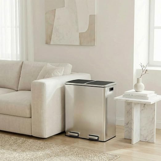 ComfyCorner 2 x 8 Gallon (2 x 30 L) Rectangular Stainless Steel Trash Can | Dual Compartment Garbage Bin with Recycling Combo, Metal Dustbin Lid,Removable Liner,Hands Free Waste Bucket for Kitchen Home