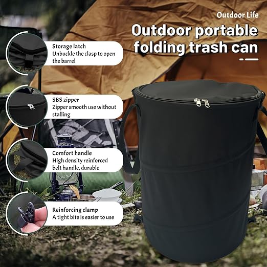 Pop up Camping Trash can with lid,Collapsible Garden can(2Pcs-Black) | 24 Gallon Outdoor Garbage Bag with Sorting Clips, Lawn and Leaf Bags - Reusable Yard Waste Bags, RV Camp Waste Bin