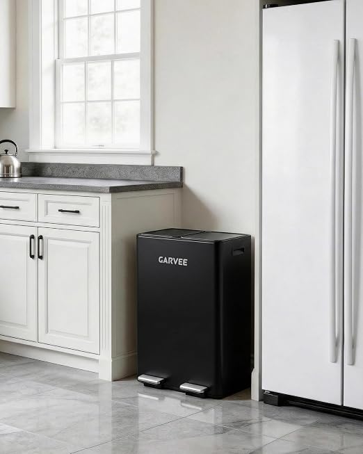 Garvee 16 gal Dual Compartment Stainless Steel Trash Can with Inner Buckets | Step Pedal Trash Can, Heavy Duty Recycling Bin with Lid & Step Pedal, for Kitchen, Office, Home, Commercial Use，Black