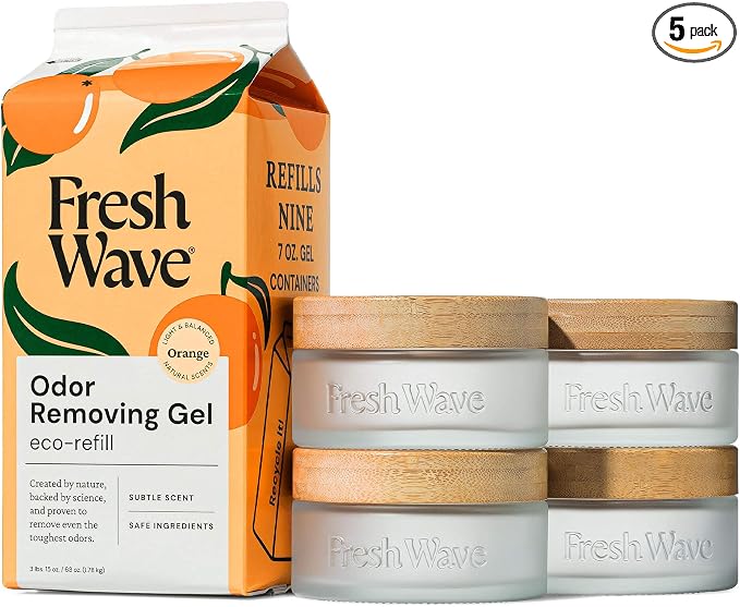 Fresh Wave Odor Removing Gel 4-Pack Glass Jar & 63oz Refill, Orange | Refills 7oz gel up to 9 times or 15oz up to 4 times. Gel odor eliminator for bathroom, closet, or garage. No plug-in.
