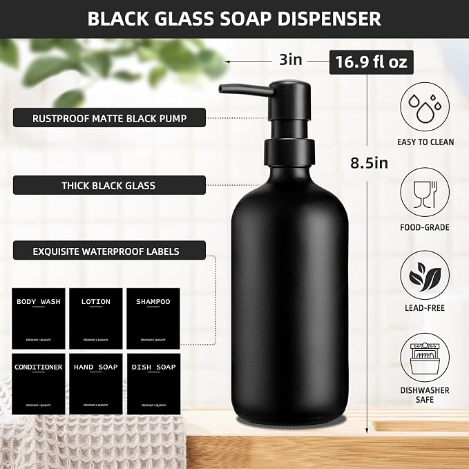 Dish Soap Dispenser for Kitchen, 16.9 fl oz Black Hand and Dish Soap Dispenser Set, Kitchen Soap Dispenser with Sponge Holder, Brush Holder and Loofah Sponge, Countertop Sink Organizer Accessories