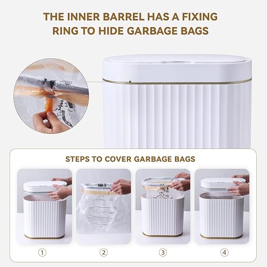 Bathroom Trash Can with lid 2.5 Gallon Motion Sensor White and Golden | Slim Wastebasket, Automatic Trash Bin Bathroom Decor for Bedroom and Office